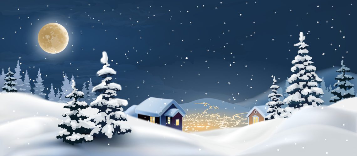 Vector illustration of a winter landscape. Snowy Christmas night.